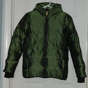 Quilted Hooded Puffer Jacket Shiny Forest Green Winter Lined Big Kids Sz 12 14
